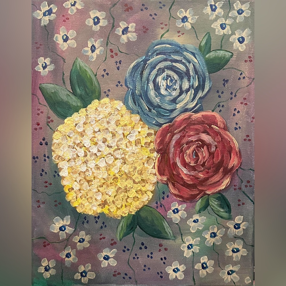 Floral Canvas Art with Red, Blue, and Yellow Blooms